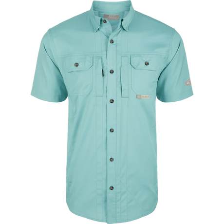 Light blue button-up shirt with short sleeves on a white background