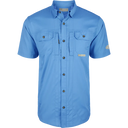 Blue short-sleeve shirt with button details on a white background