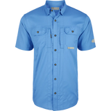 Blue short-sleeve shirt with button details on a white background
