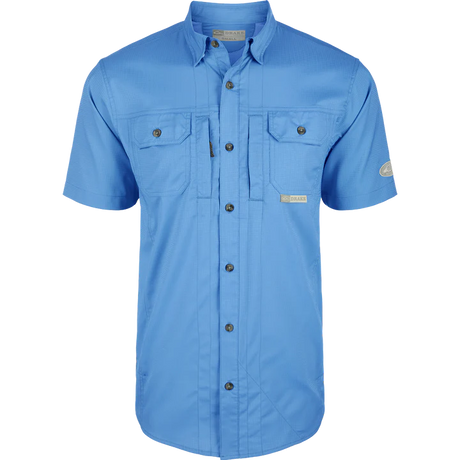 Blue short-sleeve shirt with button details on a white background