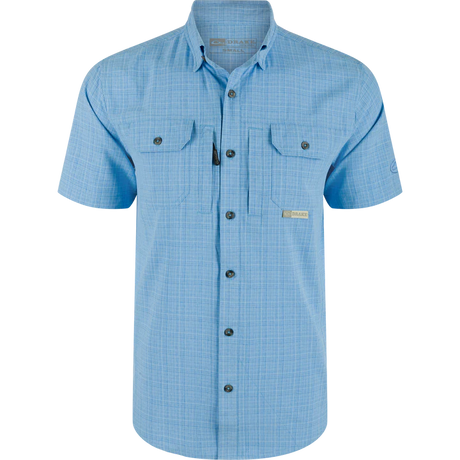 Blue checkered shirt with short sleeves on a white background