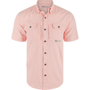 Pink short-sleeve shirt with button details on a white background