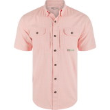 Pink short-sleeve shirt with button details on a white background