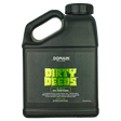 Black container of 'Dirty Deeds' soil conditioner with green text on a white background