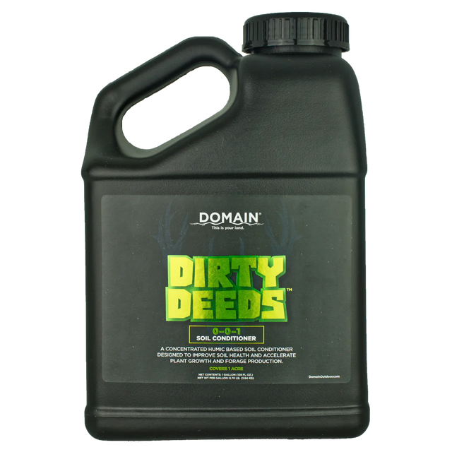 Black container of 'Dirty Deeds' soil conditioner with green text on a white background