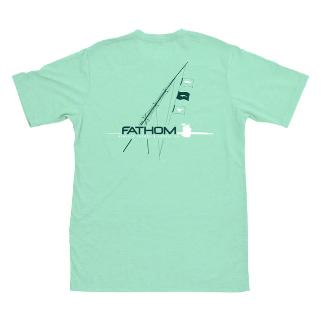 Light green t-shirt with 'Fathom' logo on a white background