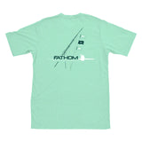 Light green t-shirt with 'Fathom' logo on a white background