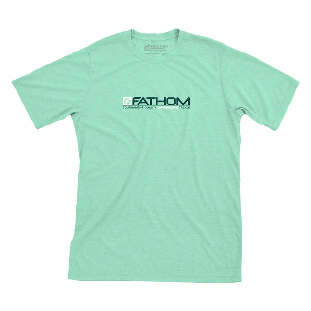 Mint green t-shirt with 'Fathom' logo on a white background