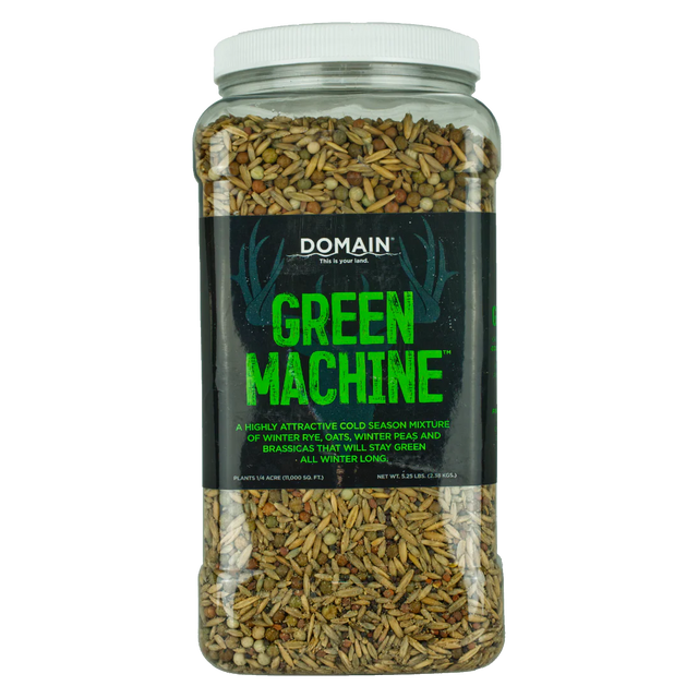 Jar of Domain Green Machine bird seed on a white background