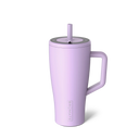Purple tumbler with handle and straw lid on a white background