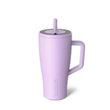 Purple tumbler with handle and straw lid on a white background