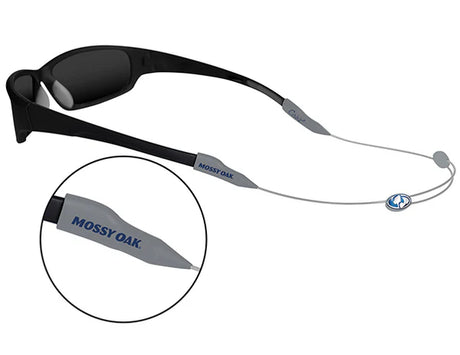 Sunglasses with a gray lanyard featuring 'Mossy Oak' branding on a white background.