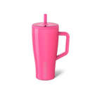 Pink insulated mug with handle and straw lid on a white background