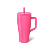 Pink insulated mug with handle and straw lid on a white background