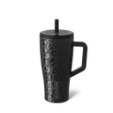 Black travel mug with leopard print pattern and handle on a white background