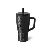 Black travel mug with leopard print pattern and handle on a white background