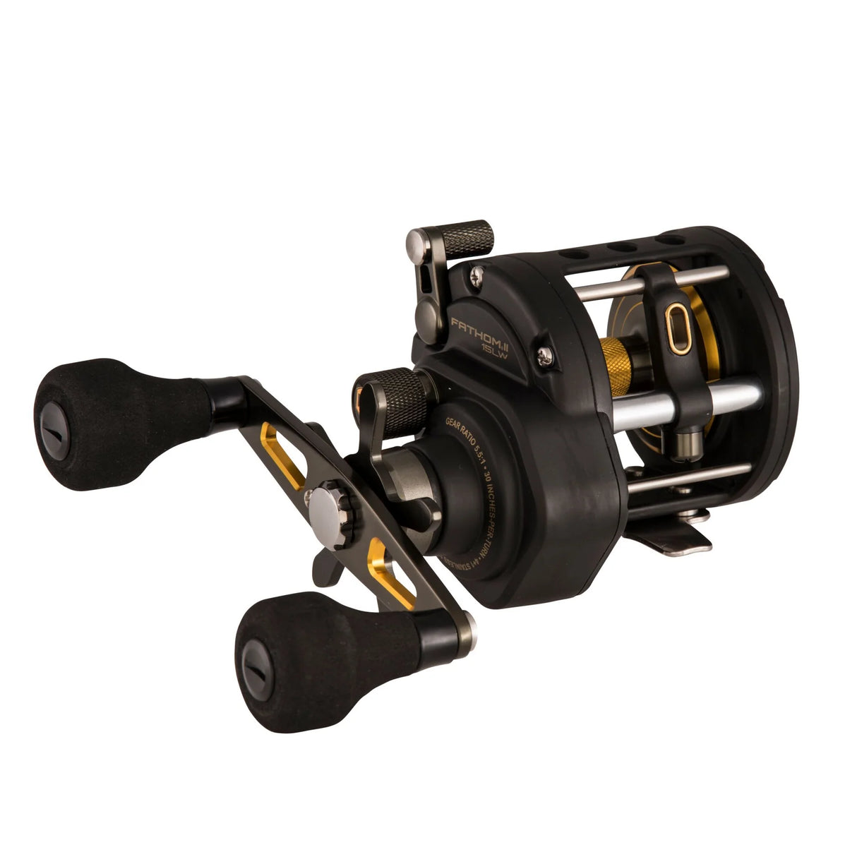 Penn Squall II Level Wind 15 sz 3+1 bgr Relación 4.9:1 Marco y placa lateral de grafito 280/17 lb. Mono 435/30 libras. Trenza de arrastre de 33 lb 