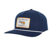 Navy blue cap with a patch featuring 'Pimp Shrimp Clothing Co.' on a white background