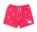 Red swim shorts with colorful patterns on a white background