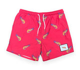 Red swim shorts with colorful patterns on a white background