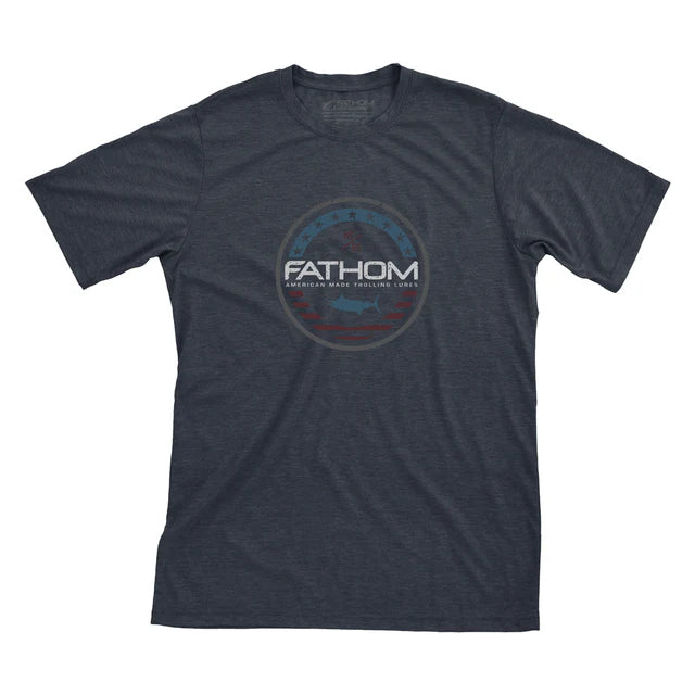 Dark gray t-shirt with Fathom logo on a white background