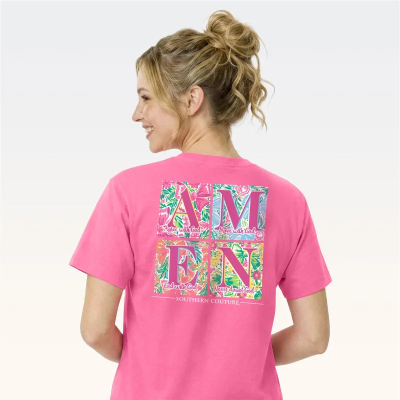 Southern Couture Classic Pattern Square Amen Tee - Safety Pink