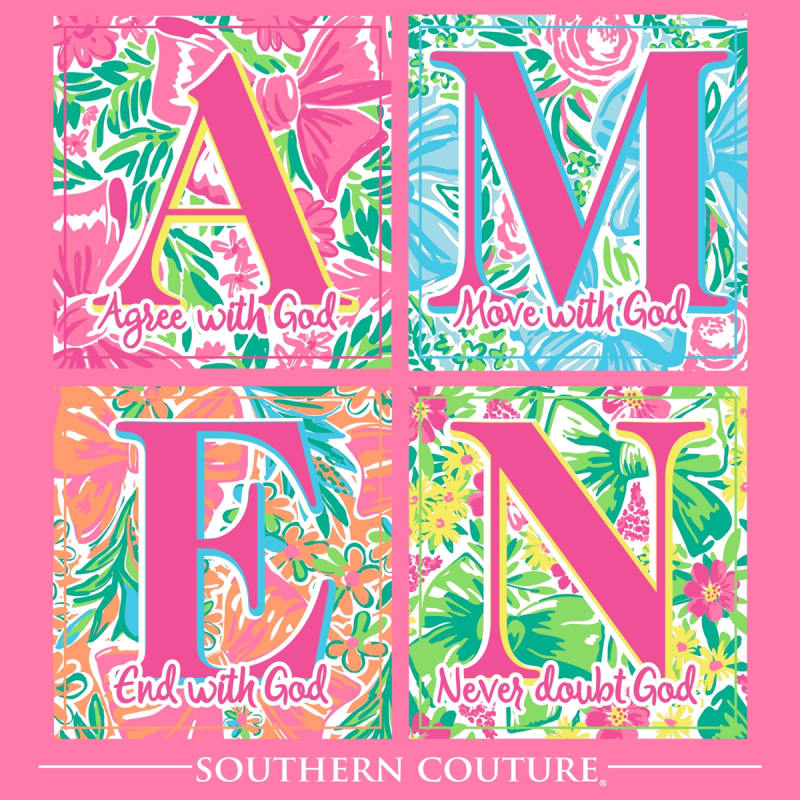 Southern Couture Classic Pattern Square Amen Tee - Safety Pink