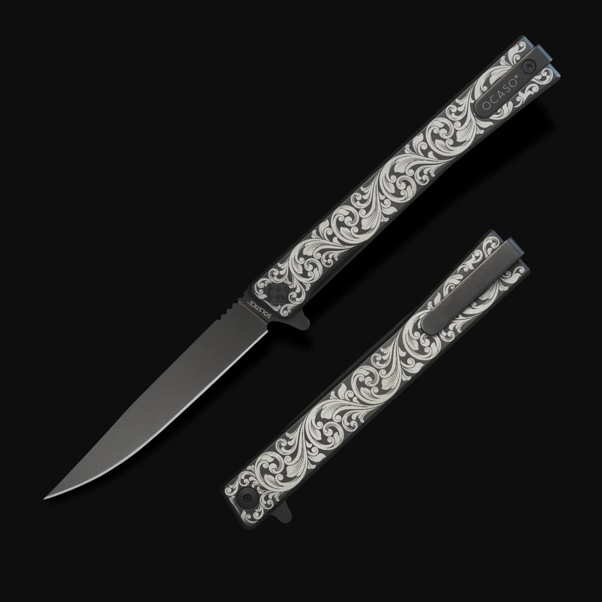 Ocaso Engraved Titanium Solstice - Scroll + Black Blade Knife