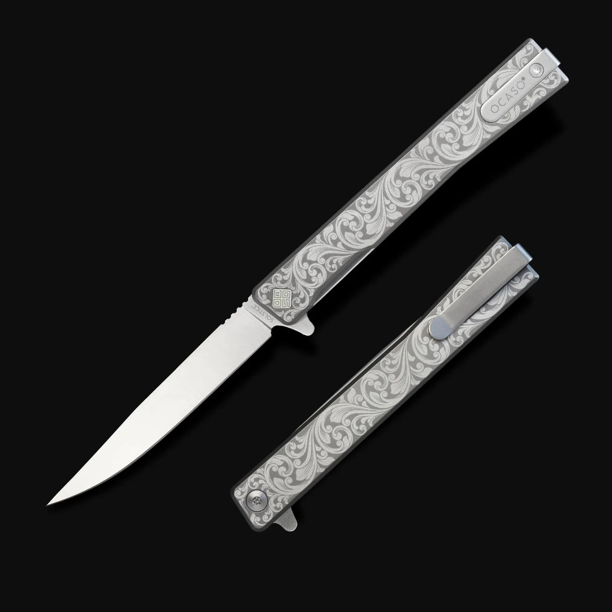Ocaso Engraved Titanium Solstice - Scroll + Satin Blade Knife