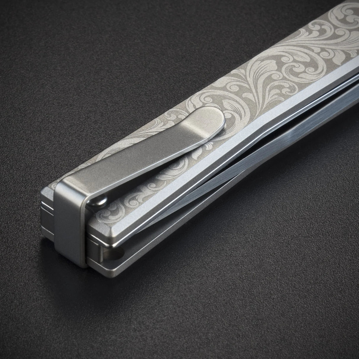 Ocaso Engraved Titanium Solstice - Scroll + Satin Blade Knife