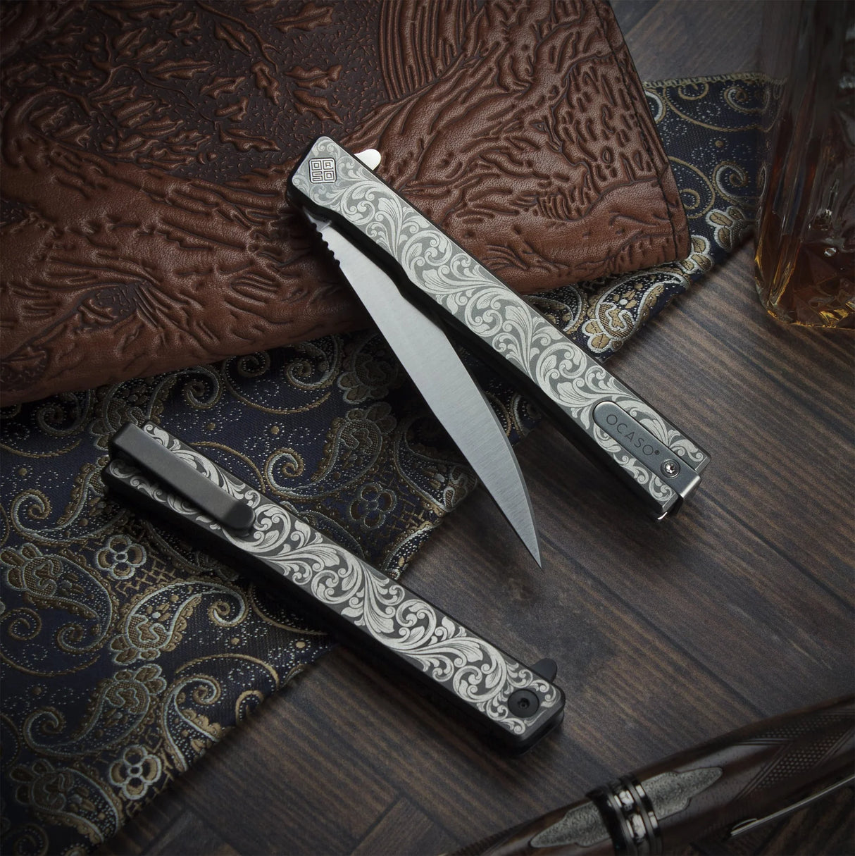 Ocaso Engraved Titanium Solstice - Scroll + Satin Blade Knife