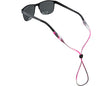 Sunglasses with a pink and black strap on a white background