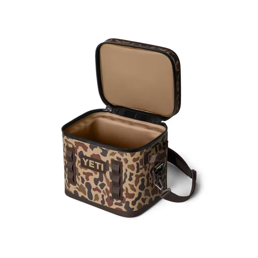 Camouflage cooler bag with YETI logo on a white background