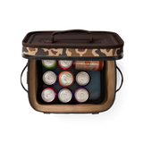 Camouflage-patterned cooler with drinks inside on a white background