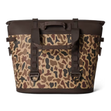 Camouflage-patterned cooler bag with brown accents on a white background