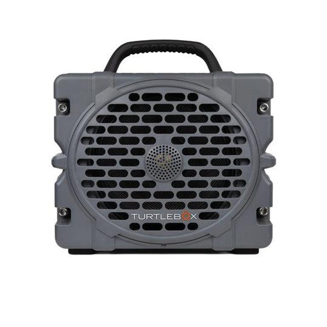 Gray portable speaker with a handle on a white background, featuring the Turtle Beach logo.