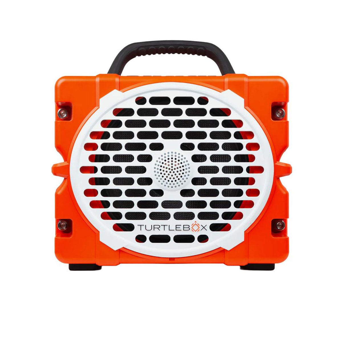 Orange and black portable speaker with 'TurtleBox' branding on a white background