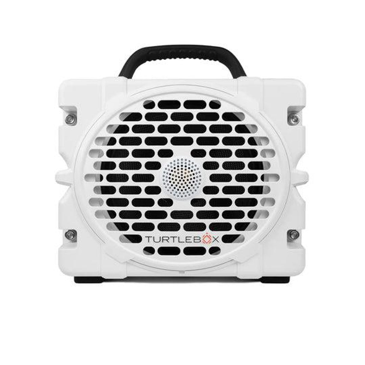 White portable heater with black handle on a white background, featuring the brand 'TurtleBox'.