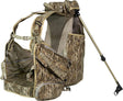 Camouflage hunting backpack with bipod on a white background