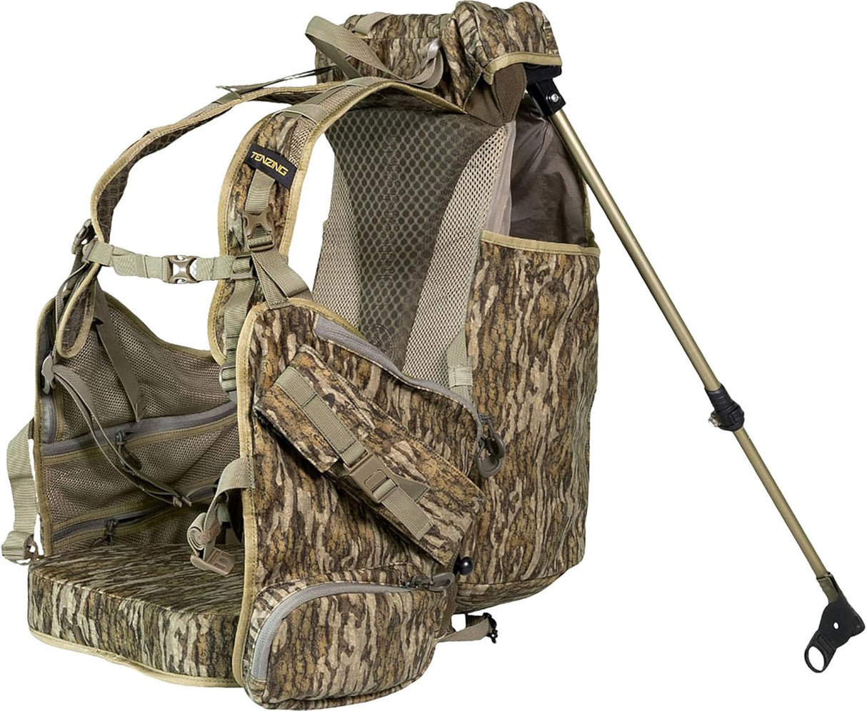 Camouflage hunting backpack with bipod on a white background