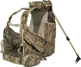 Camouflage hunting backpack with bipod on a white background