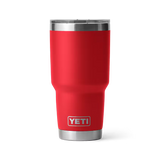 Red YETI tumbler with a silver lid on a white background