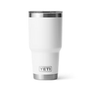 White YETI tumbler with a silver rim on a white background