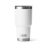 White YETI tumbler with a silver rim on a white background