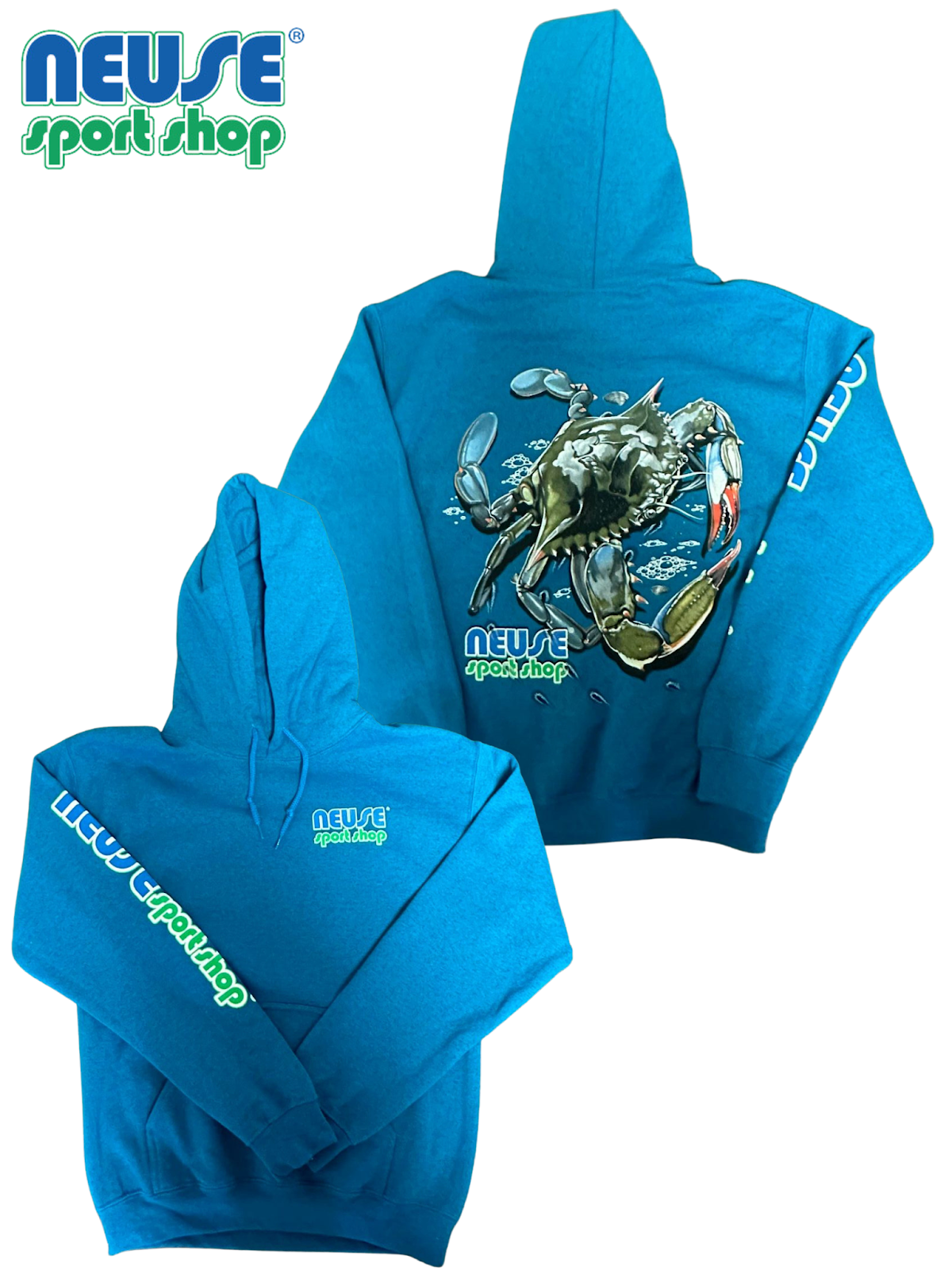 Neuse Bender Blue Crab Hoodie with Front Chest Logo and Sleeve Logo