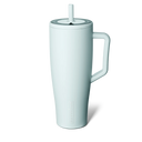 White mug with handle and straw on a white background