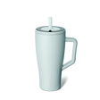 Light blue mug with handle and straw on a white background