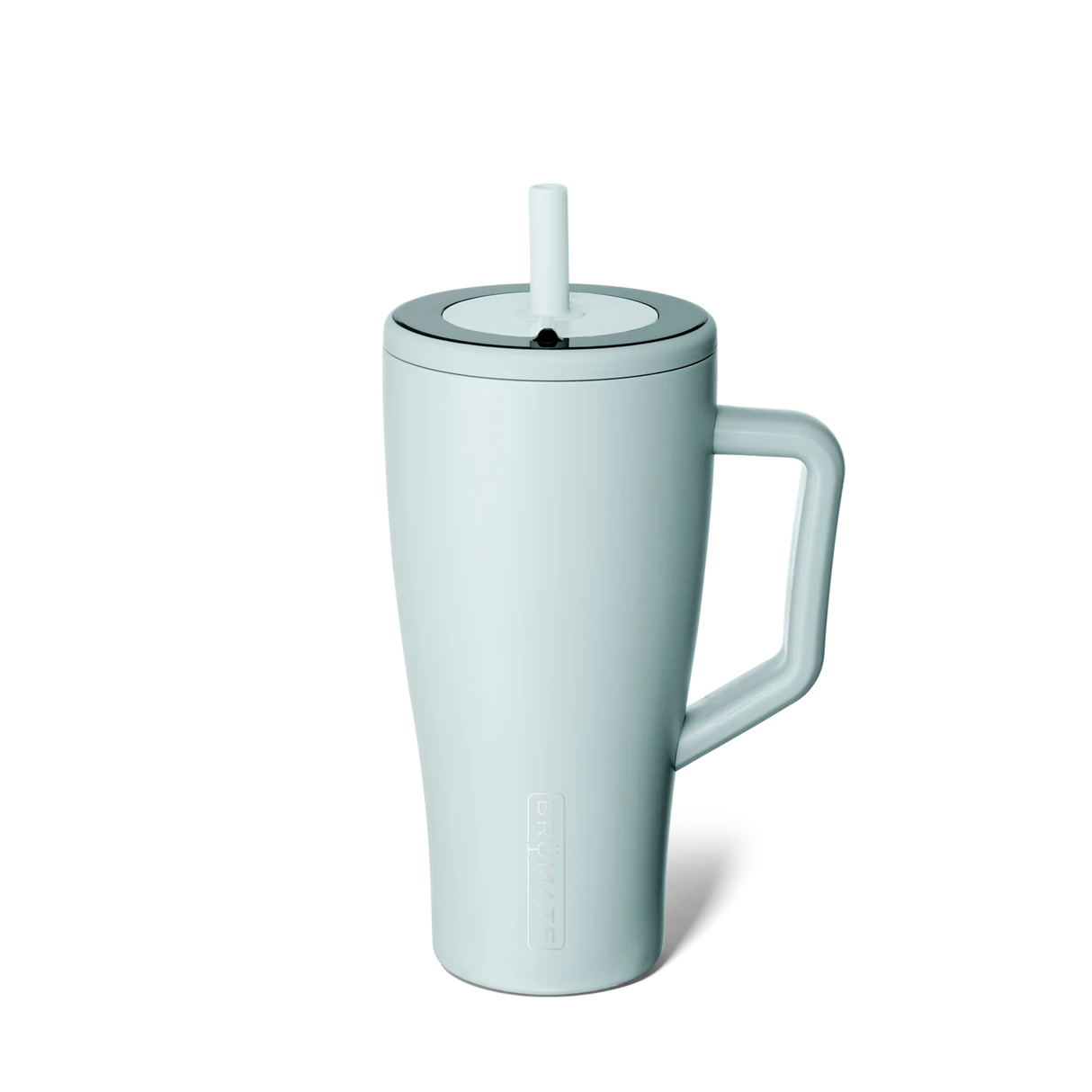 Light blue mug with handle and straw on a white background