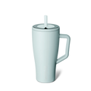 Light blue mug with handle and straw on a white background