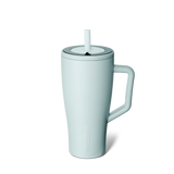 Light blue mug with handle and straw on a white background